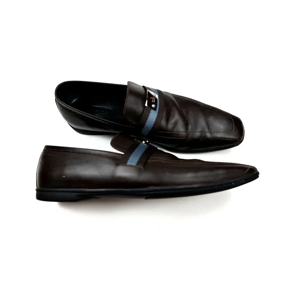 GUCCI Brown Leather Blue Ribbon Luxury Loafer Mens 8.5 D Flaw* Comfort‎ Shoes